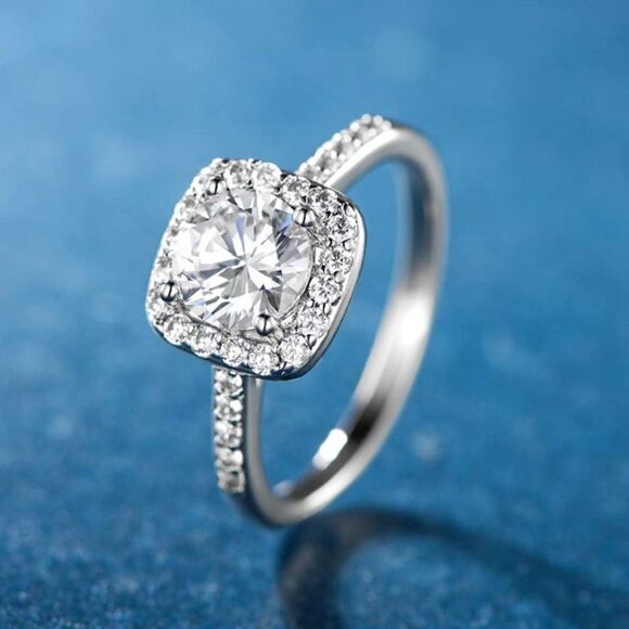 Silver Rhodium and White Diamond Cubic Zirconia Square Halo Ring - Picture 4 of 13